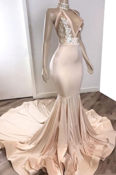 Mermaid Halter-neck Sleeveless Court Train Stretch Satin Formal Dress With Appliques