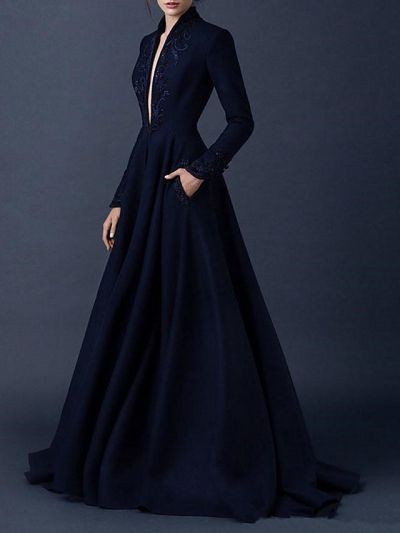 A-line V-neck Long Sleeves Sweep / Brush Train Tulle Bridal Gown With Buttons