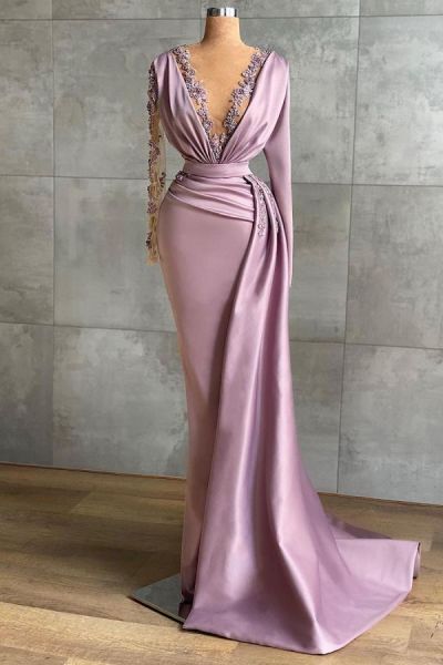 Mermaid Plunging Neckline Long Sleeves Floor-length Stretch Satin Prom Dress With Ruffles