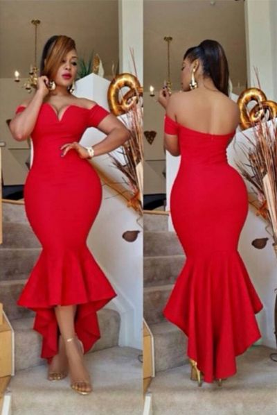 Mermaid Red  Off-the-Shoulder Hi-Lo Prom Dress