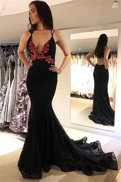 Mermaid Spaghetti Straps Sleeveless Sweep / Brush Train Evening Gown With Lace