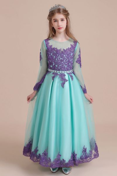 A-line Jewel Neck Long Sleeves Ankle-length Tulle Flower Girl Dress With Rhinestone