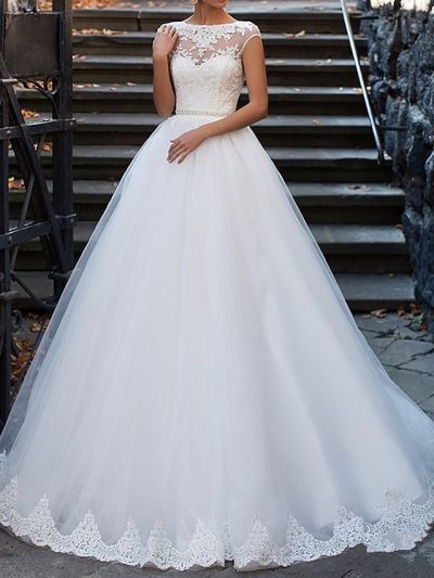 A-line Bateau Neck Cap Sleeves Cathedral Train Lace Wedding Gown With Lace