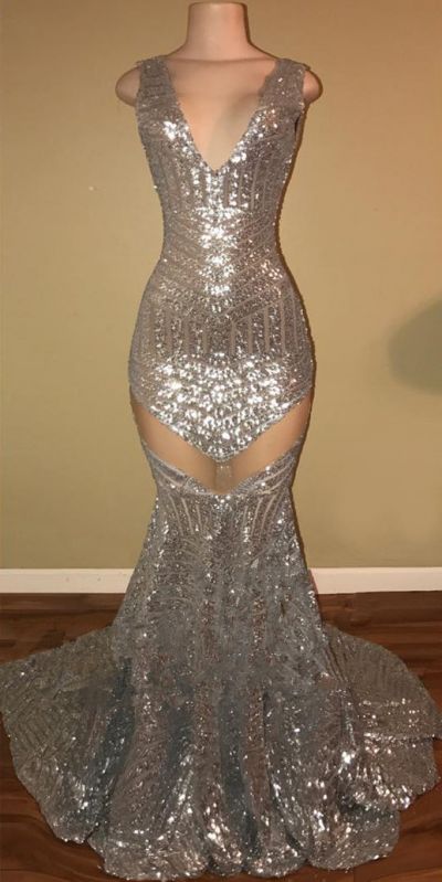 Mermaid V-neck Sleeveless Sweep / Brush Train Evening Gown With Sequins