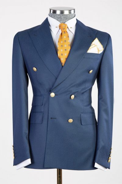 Navy Double Breasted Bespoke Men Suit with Peaked Lapel