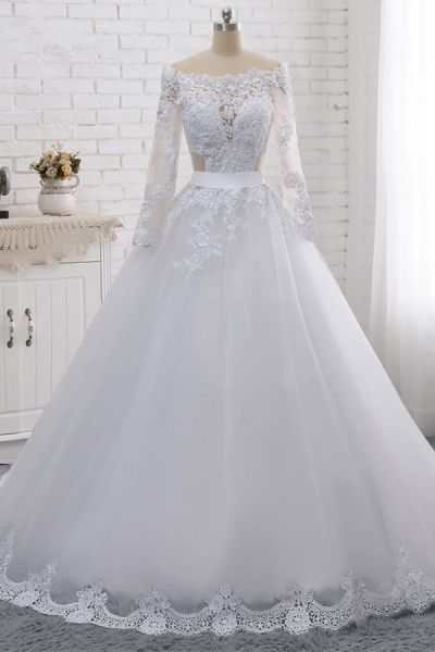 A-line Off-the-shoulder Long Sleeves Floor-length Tulle Wedding Dress With Lace