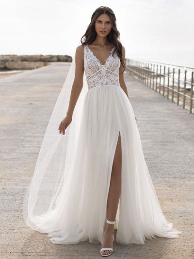 A-line V-neck Sleeveless Sweep / Brush Train Lace Wedding Dress With Lace