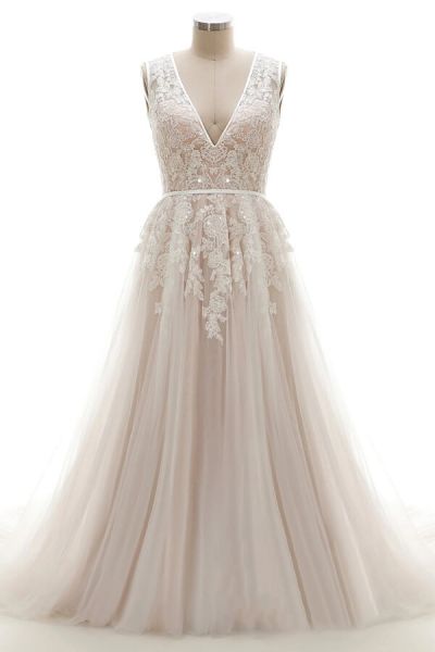 A-line V-neck Sleeveless Chapel Train Lace Wedding Gown With Appliques