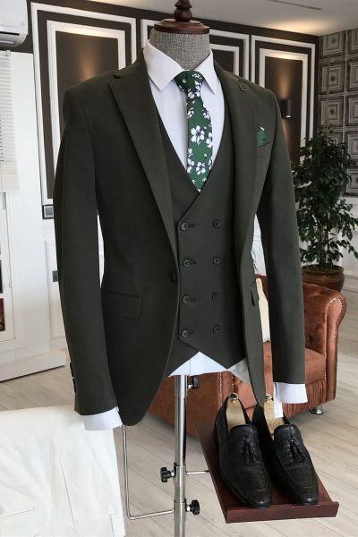 Green Double Breasted Waistcoat Men Suit for Business