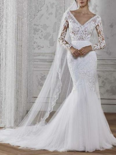 Mermaid V-neck Long Sleeves Court Train Tulle Wedding Gown With Lace