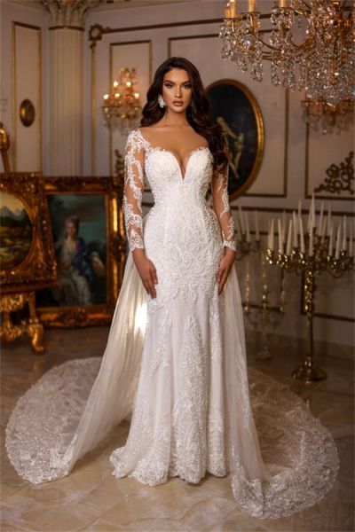 A-line Sweetheart Neck Long Sleeves Chapel Train Lace Wedding Gown With Ruffles