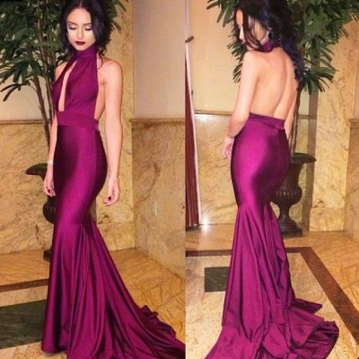 Mermaid High Neck Sleeveless Stretch Satin Evening Dress With Sweep / Brush Train