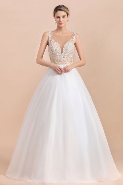 A-line Jewel Neck Sleeveless Floor-length Tulle Wedding Dress With Pearls
