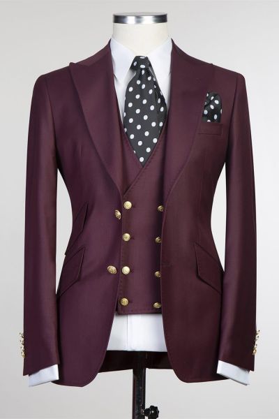 Burgundy Three Pieces Men Suit with Peaked Lapel