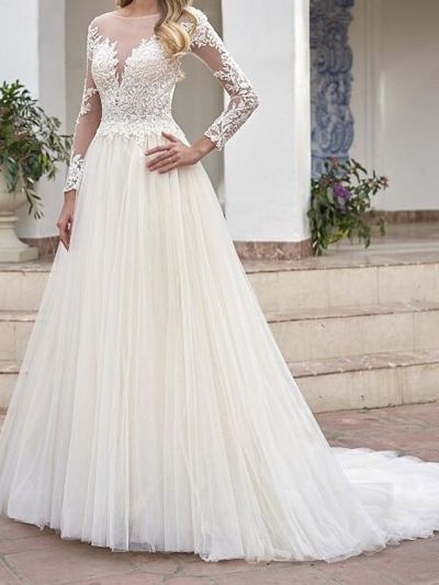 A-line Long Sleeves Sweep / Brush Train Tulle Wedding Gown With Buttons