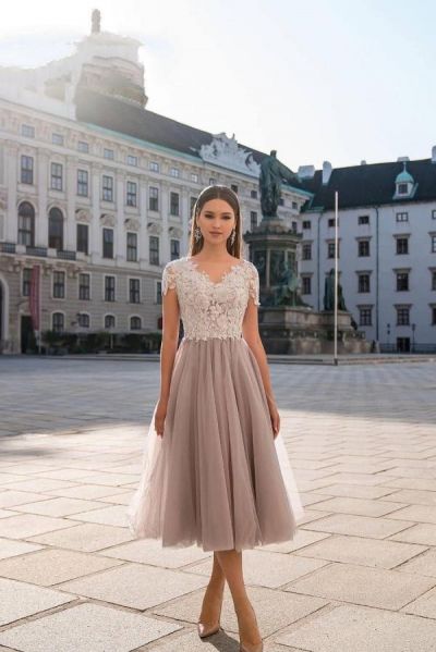 A-line V-neck Cap Sleeves Tea-length Tulle Party Dress With Appliques