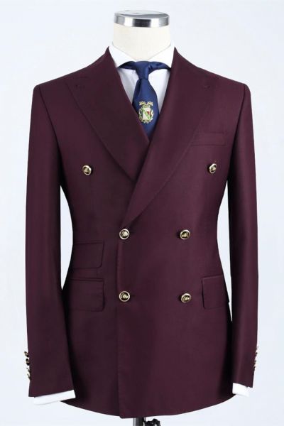 Burgundy Double Breasted Peaked Lapel Slim Fit Men Suit