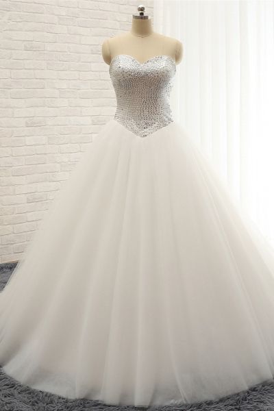 A-line Sweetheart Neck Floor-length Tulle Wedding Dress With Sequins