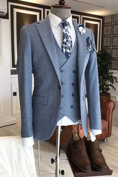 Blue Plaid Double Breasted Waistcoat Business Suit