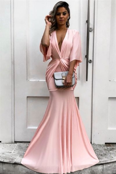 Half Sleeves Deep V-neck Pink Evening Dresses |  Mermaid Formal Dresses with Pleats -  and