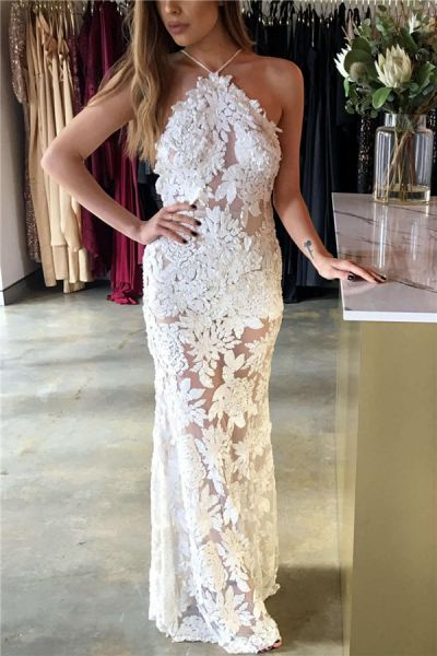 Column Halter-neck Sleeveless Floor-length Evening Dress With Lace