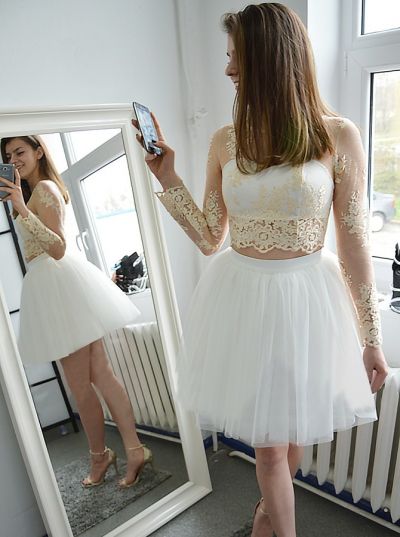 A-line Jewel Neck Mini Tulle Homecoming Dress With Appliques
