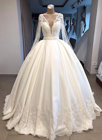 Ball Gown V-neck Long Sleeves Sweep / Brush Train Satin Wedding Gown With Lace