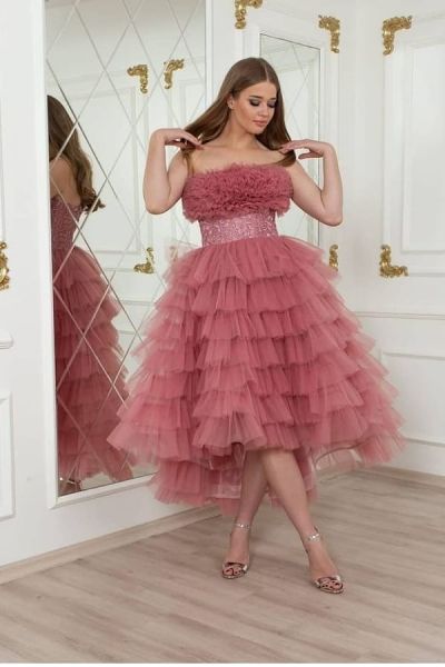 A-line Strapless Sleeveless Tea-length Tulle Wedding Guest Gown With Ruffles