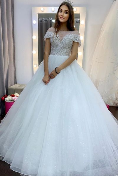 A-line Jewel Neck Sleeveless Court Train Tulle Bridal Gown With Crystal