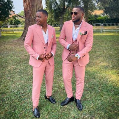 Pink Three Pieces Peaked Lapel Wedding Groomsmen Suit