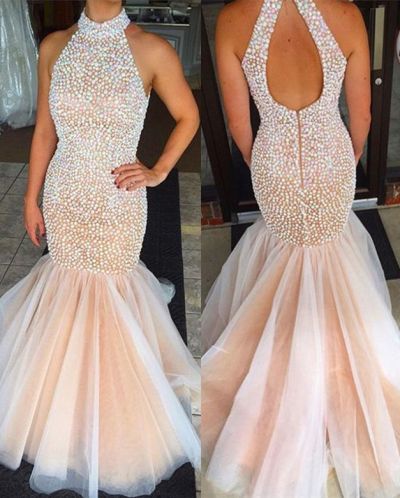 Mermaid High Neck Sleeveless Sweep / Brush Train Tulle Evening Dress With Crystal