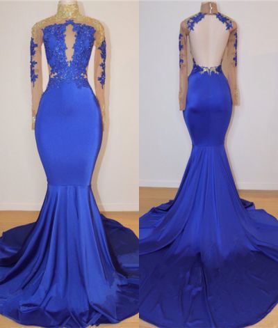 Mermaid High Neck Long Sleeves Sweep / Brush Train Stretch Satin Evening Gown With Appliques