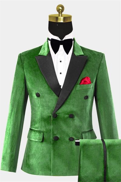 Green Double Breasted Velvet Prom Suit with Peaked Lapel