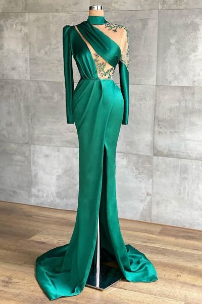 A-line High Neck Long Sleeves Floor-length Satin Formal Dress With Pearls