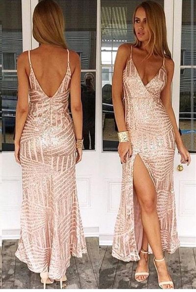Column Spaghetti Straps Sleeveless Ankle-length Evening Gown With Sequins