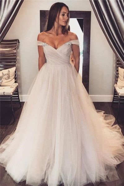 A-line Off-the-shoulder Sleeveless Court Train Tulle Bridal Gown With Beading