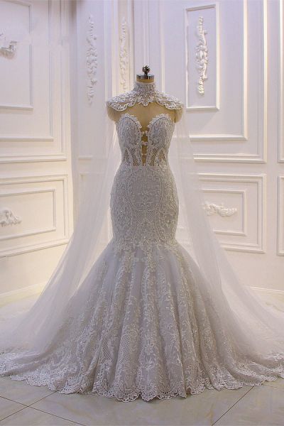 Mermaid V-neck Sleeveless Floor-length Tulle Bridal Dress With Lace