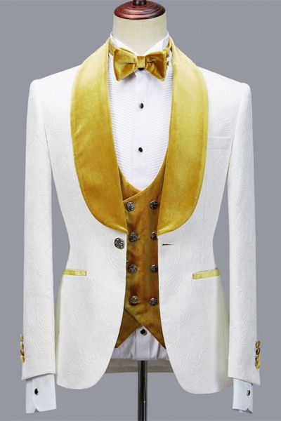 White Jacquard Three Pieces Men's Suit with Velvet Lapel for Wedding