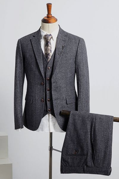 Dark Gray Notched Lapel 2 Button Business Suit