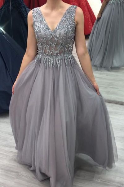 Column V-neck Sleeveless Floor-length 100D Chiffon Wedding Guest Gown With Beading