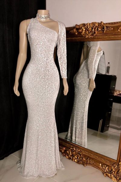 Column One Shoulder Floor-length Evening Dress With Sequins