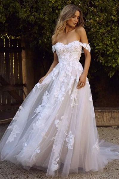 A-line Off-the-shoulder Sleeveless Floor-length Wedding Dress With Appliques