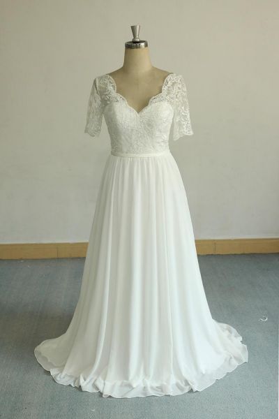 A-line V-neck Short Sleeves Court Train Tulle Bridal Gown With Ribbons