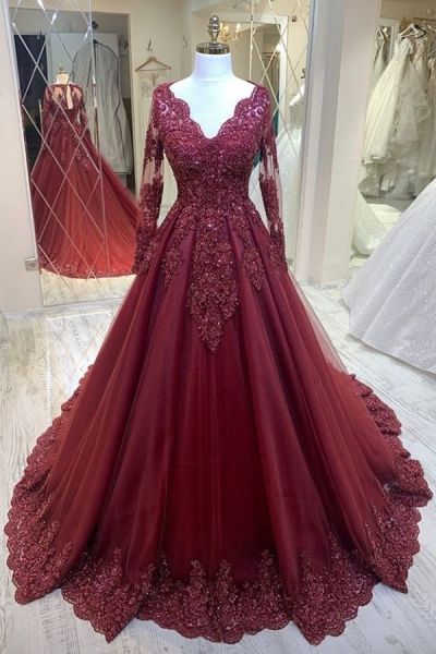 A-line V-neck Long Sleeves Floor-length Tulle Evening Gown With Ruffles