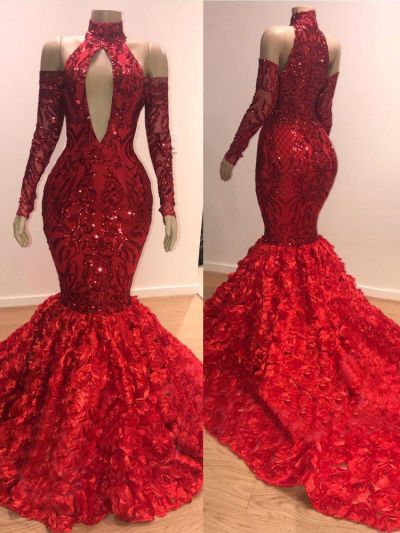 Mermaid Halter-neck Long Sleeves Floor-length Evening Gown With Appliques
