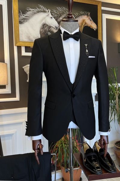 Black Sparkle Peaked Lapel Wedding Men Suit