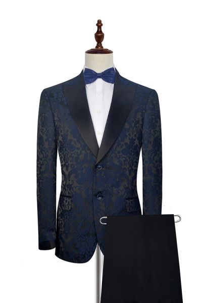 Dark Navy Prom Suits for Men with Black Silk Peak Lapel