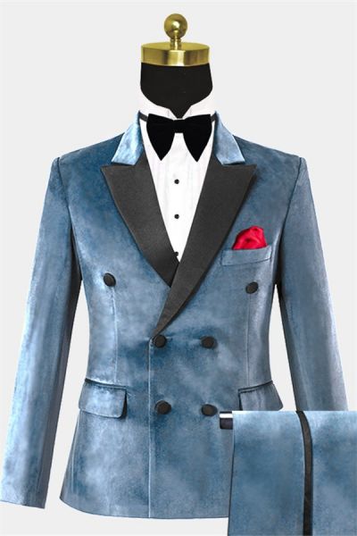 Steel Blue Double Breasted Velvet Prom Suit with Peak Lapel