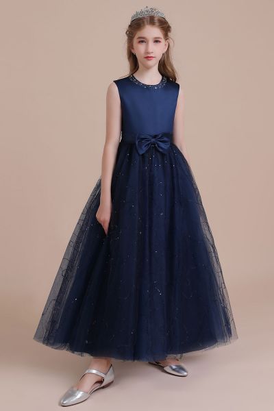Tulle A-line Flower Girl Dress | Bow Sleeveless Little Girls Dress