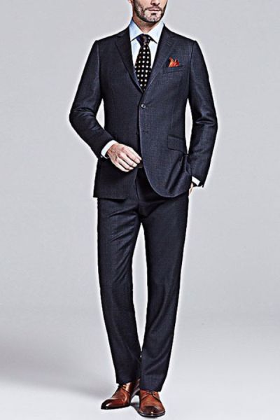 Black Single Breasted Wool Blend Men's Business Suit with manly Grey Grid Peak Lapel